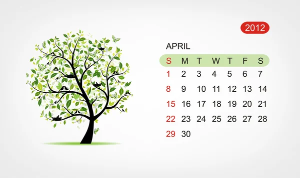 Vector calendar 2012, april. Art tree design — Stock Vector