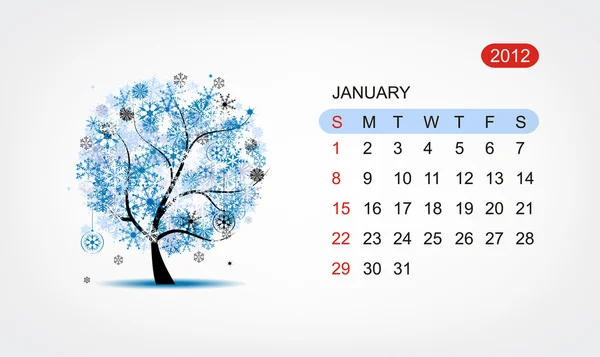 Calendrier vectoriel 2012, janvier. Conception d'arbres d'art — Image vectorielle
