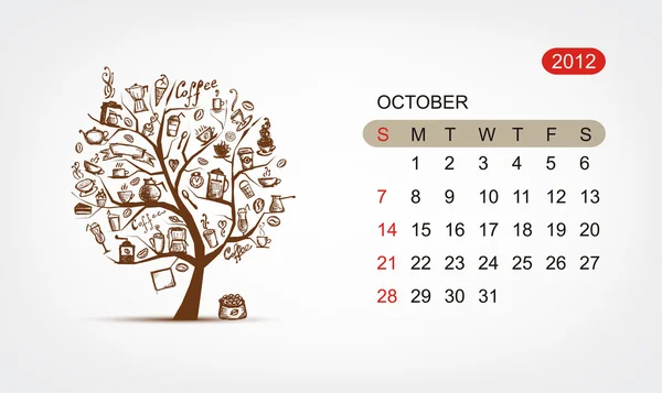 Векторний календар 2012 року, жовтень. Дизайн дерева мистецтва — стоковий вектор