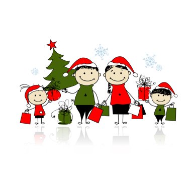 Christmas gifts. Family with shopping bags clipart