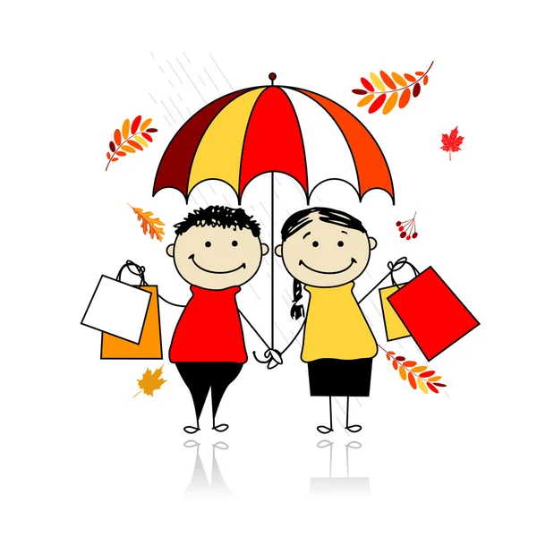 Φθινόπωρο πώληση! οικογένεια με τσάντες αγορών για το σχέδιό σας — Διανυσματικό Αρχείο