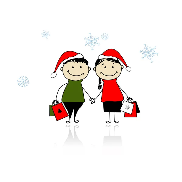 Weihnachtsgeschenke. Familie mit Einkaufstaschen — Stockvektor