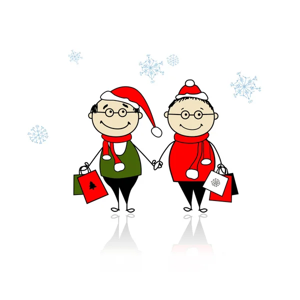 Boże Narodzenie prezenty. rodziny z torby na zakupy — Wektor stockowy
