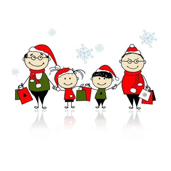Χριστουγεννιάτικα ψώνια. ευτυχισμένη οικογένεια μαζί — Διανυσματικό Αρχείο