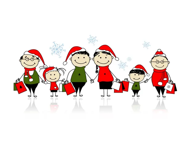 Χριστουγεννιάτικα ψώνια. ευτυχισμένη οικογένεια μαζί — Διανυσματικό Αρχείο