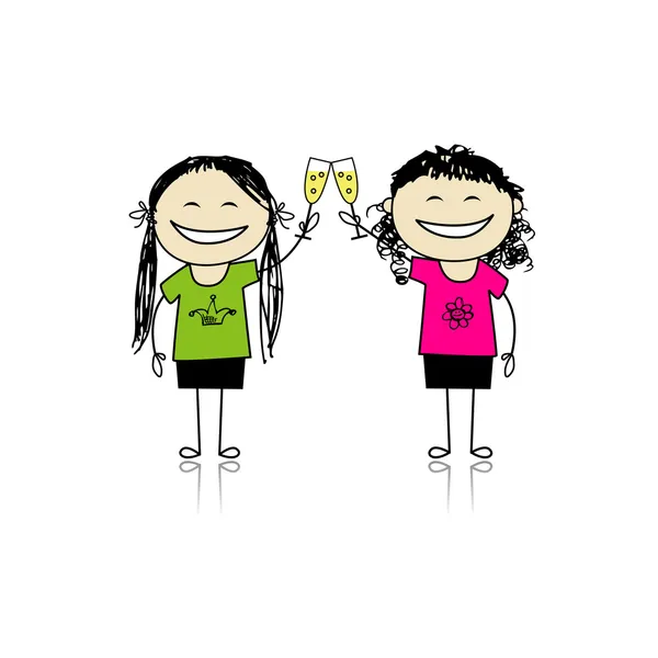 As raparigas bebem vinho. Festa com amigos para o seu design —  Vetores de Stock