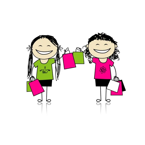 和朋友一起购物。女孩与袋为您的设计 — 图库矢量图片