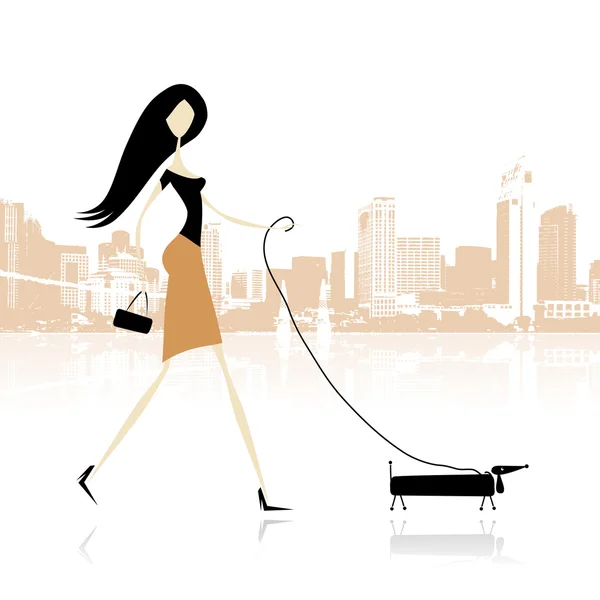 Chica con perro paseando en la ciudad — Vector de stock
