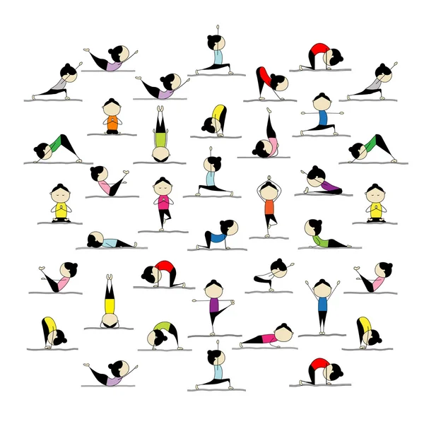 Practicando yoga, 25 poses para tu diseño — Archivo Imágenes Vectoriales