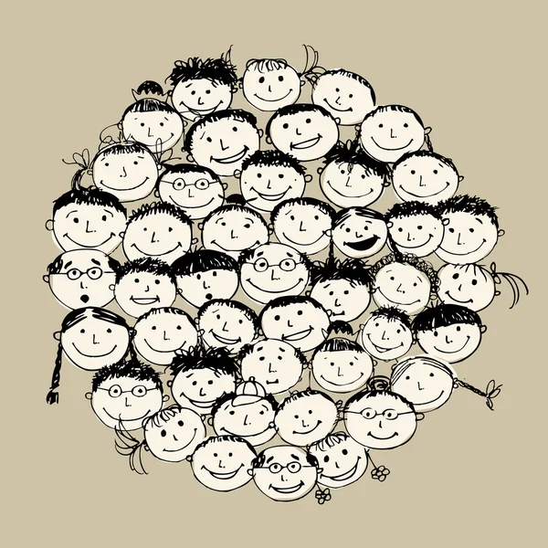 Multitud de personas divertidas, boceto para su diseño — Vector de stock