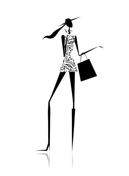 Silueta de chica de moda con bolso de compras — Stockvector