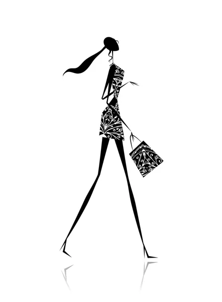 Mode flicka siluett med shopping väska — Stock vektor