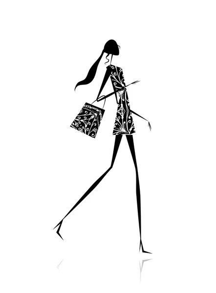 时尚女孩剪影与购物袋 — 图库矢量图片