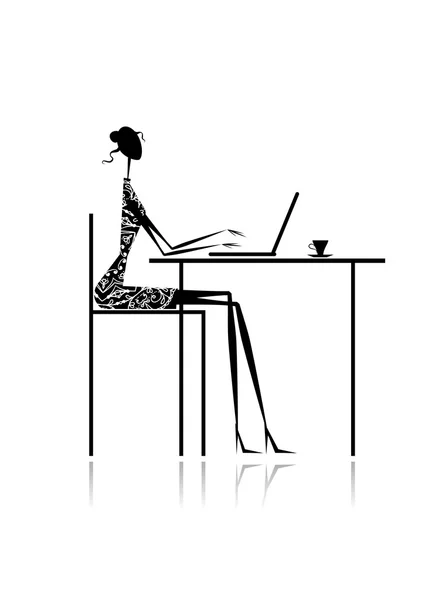 Fashion girl silhouette with laptop in cafe for your design — Stock Vector