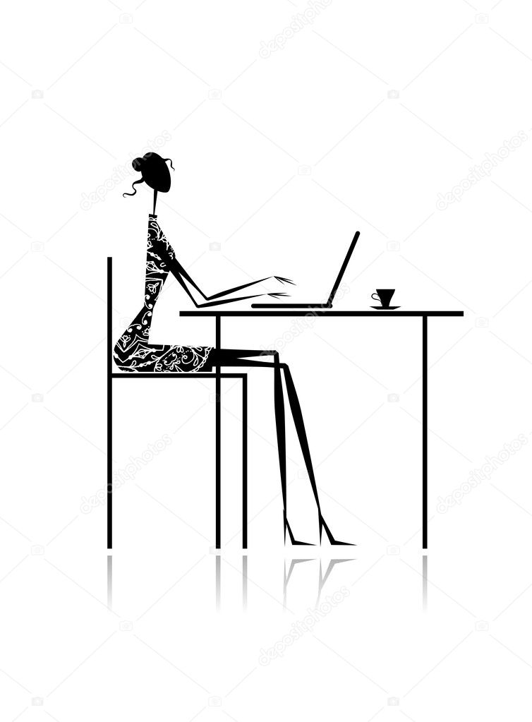 Fashion girl silhouette with laptop in cafe for your design