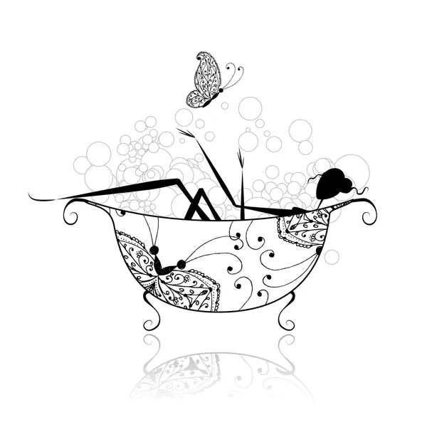 Mujer en baño con espuma para su diseño — Vector de stock