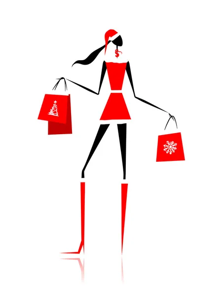 Vánoční nákupy, santa girl s dárky — Stockový vektor