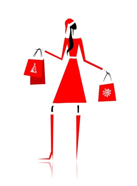 Рождественские покупки, Санта девушка с подарками — стоковый вектор