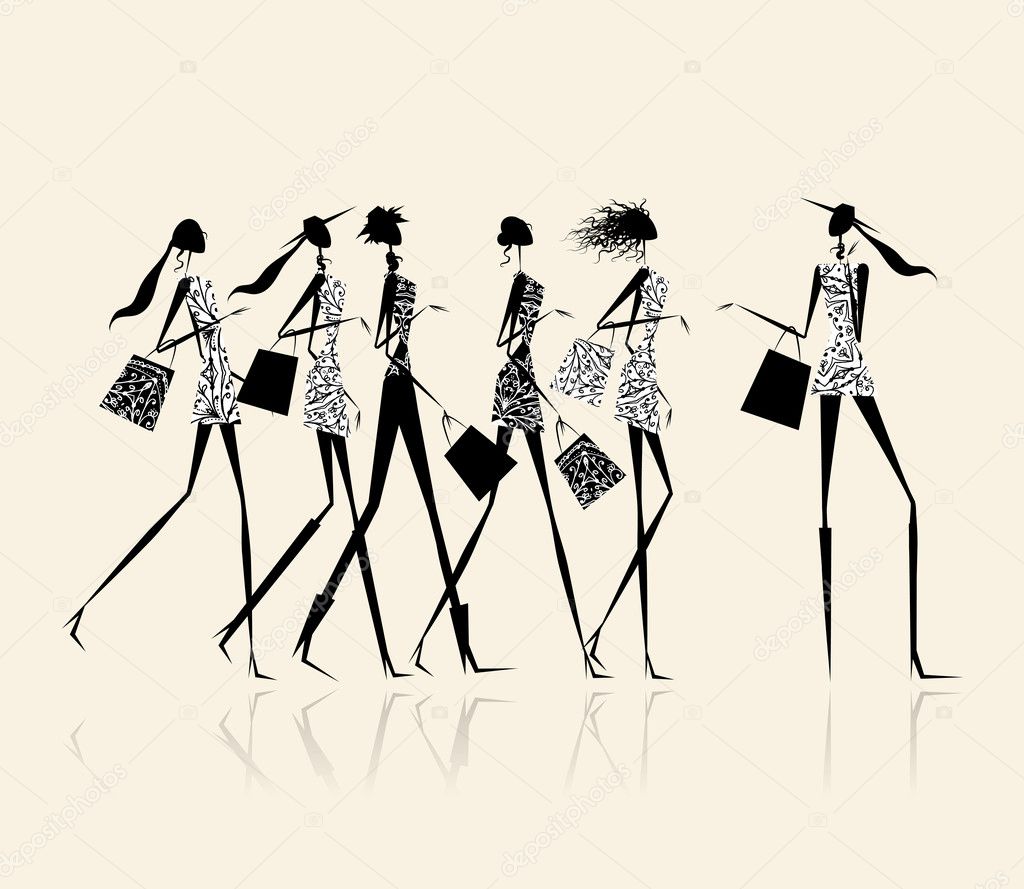 Fashion girls with shopping bags, illustration for your design