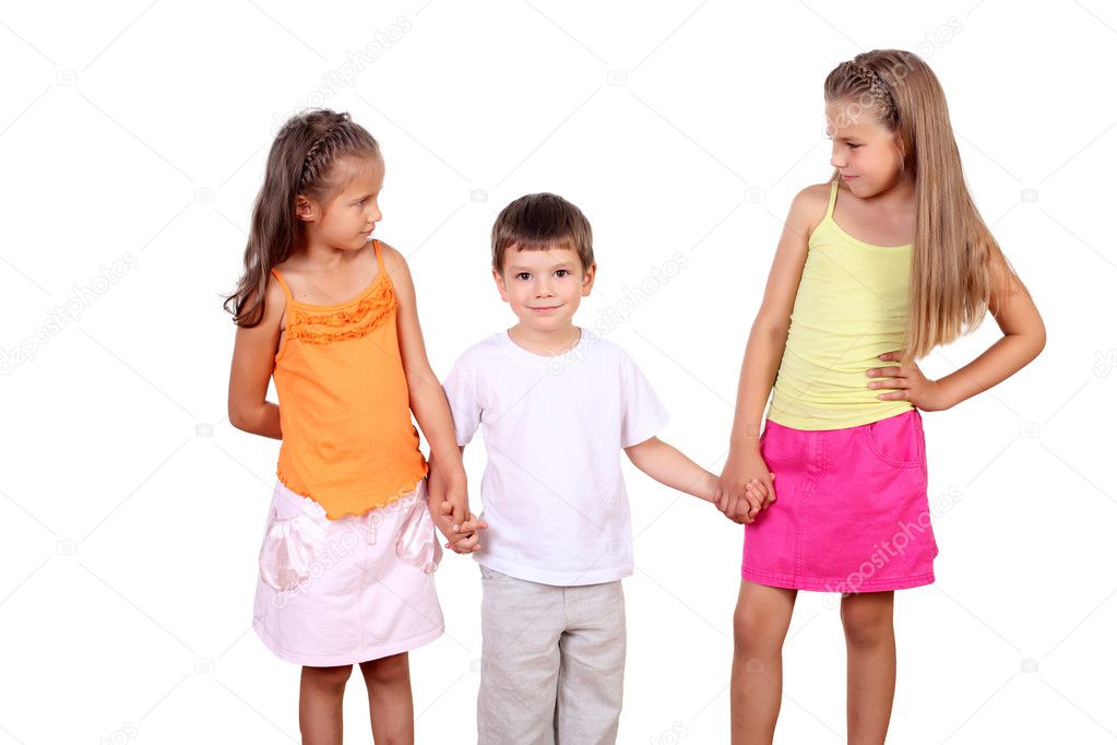 Two girls and a boy together in studio