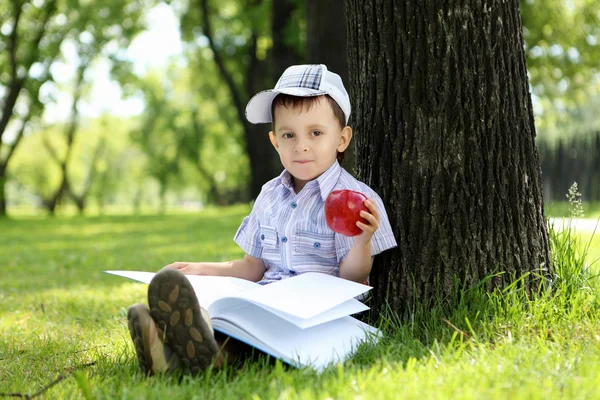 Portret chłopca z książką w parku — Zdjęcie stockowe