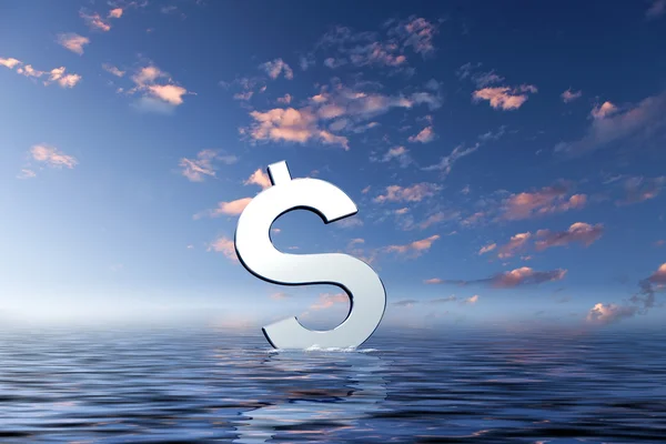 在蓝色的大海中漂浮的货币符号 — 图库照片