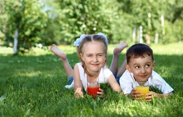 Irmãozinho e irmã no parque de verão — Fotografia de Stock