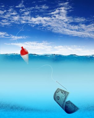 Fish hook underwater with banknotes clipart