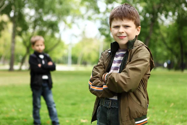 Chlapec s přítelem v zeleném parku — Stock fotografie