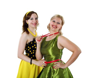 Two young woman in bright colour dresses clipart