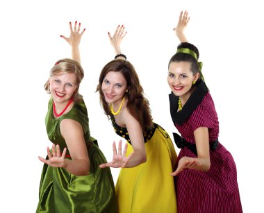 Three young woman in bright colour dresses clipart