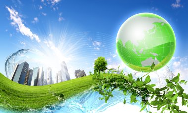 Green planet against blue sky and clean nature clipart