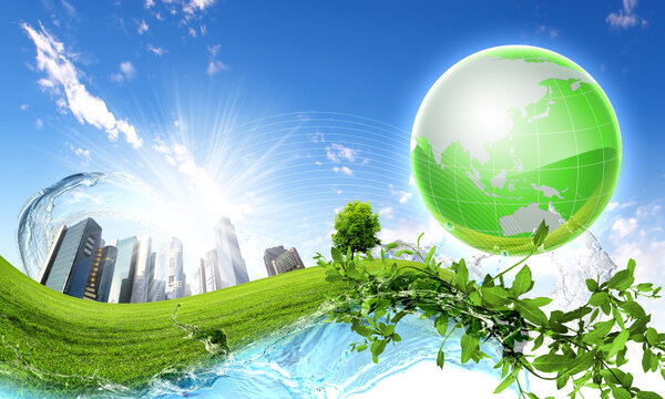 Зеленая планета против голубого неба и чистой природы
