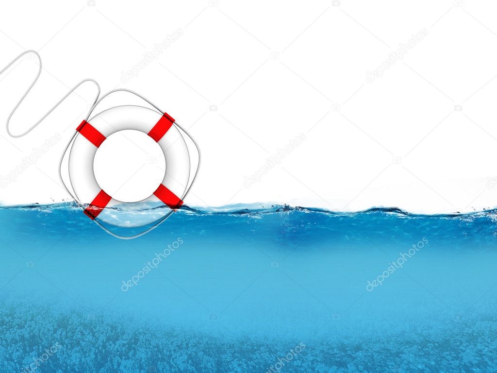 Rescue ring floating on blue waves