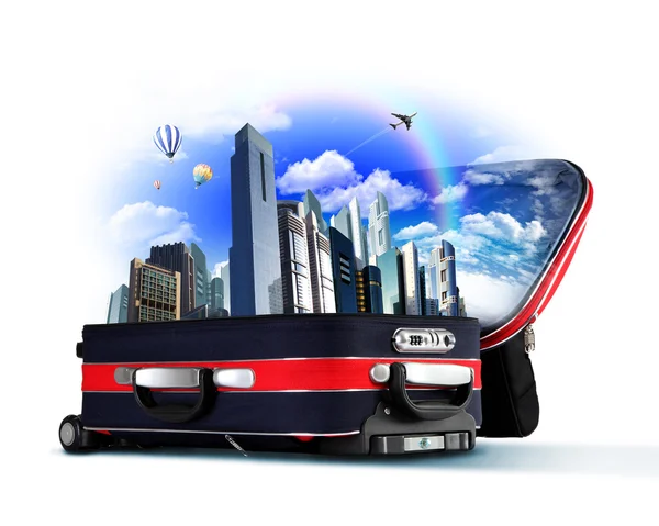 stock image Red suitcase with city inside