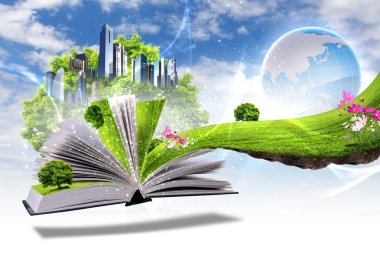 Open book with green nature world clipart