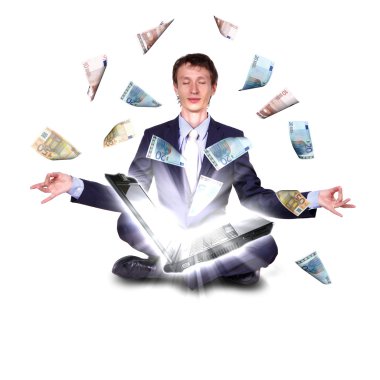 Young businessman with many banknotes clipart