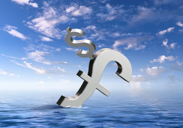 Símbolos de moeda flutuando no mar azul — Fotografia de Stock