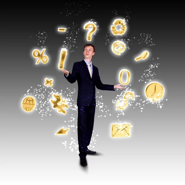 Affärsman bolla med siffror och symboler — Stockfoto