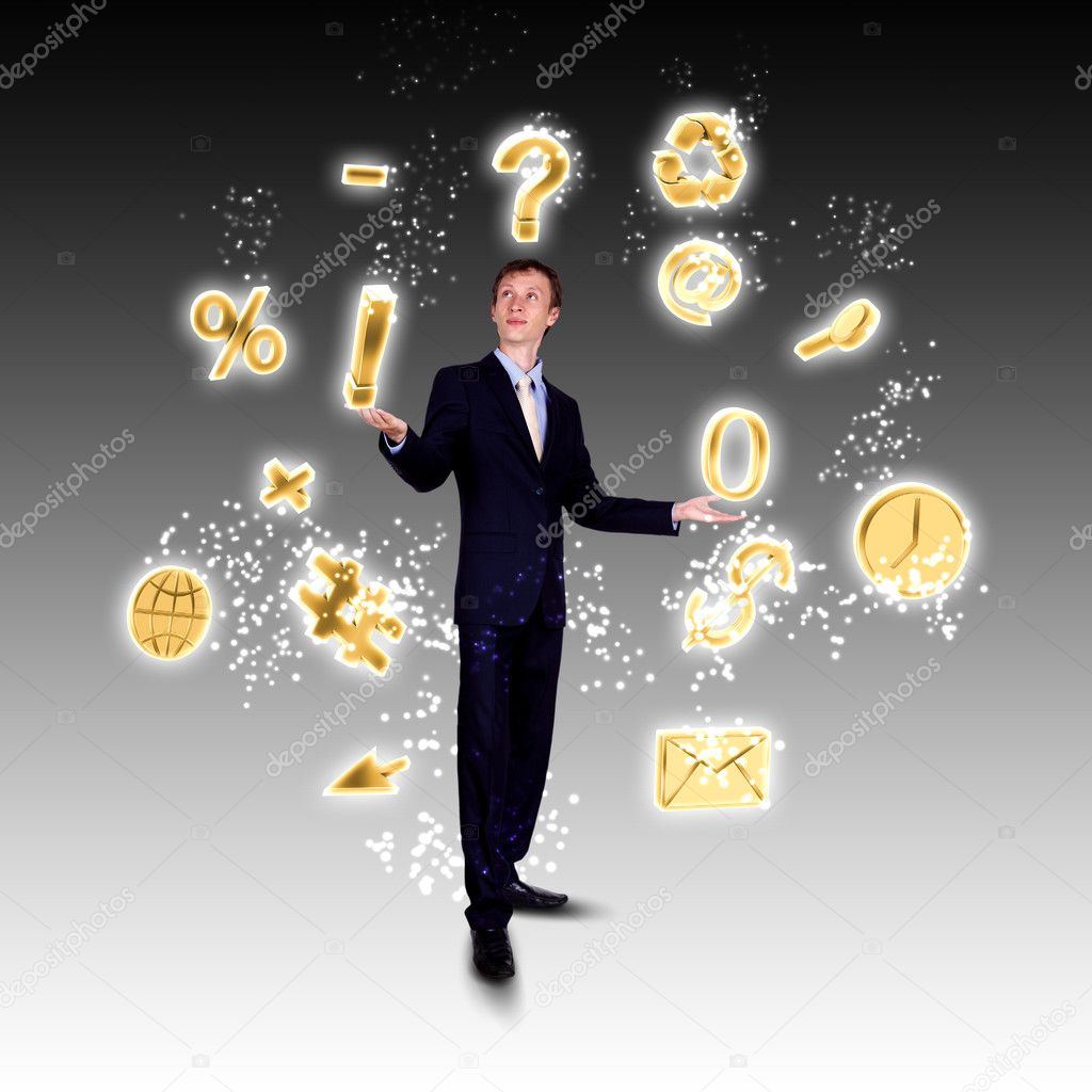 Business man juggling with numbers and symbols