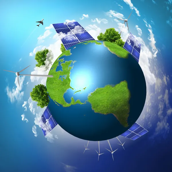 Planeta Terra com baterias de energia solar — Fotografia de Stock
