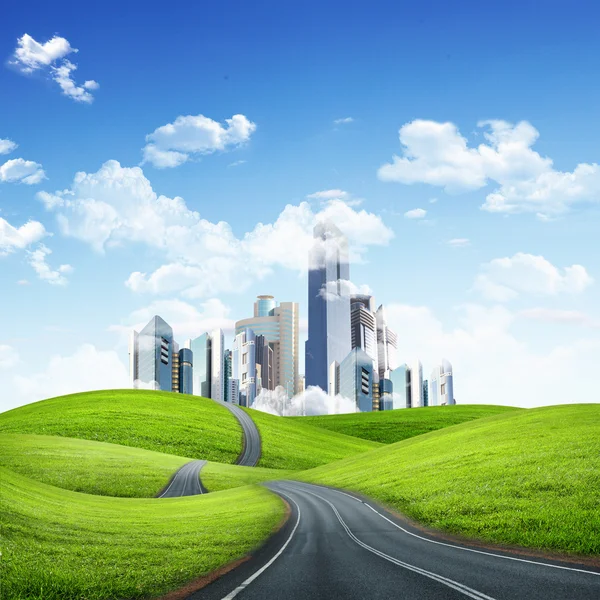 Modern city surrounded by nature landscape — Stock Photo, Image