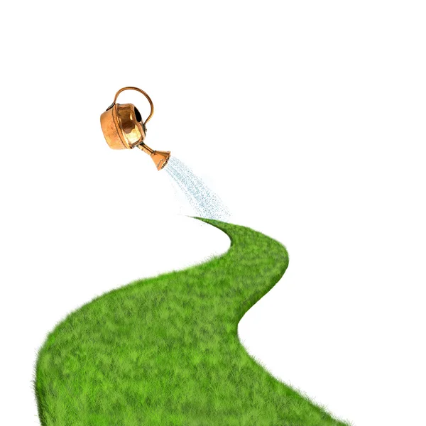 Green grass road and watering can — Stock Photo, Image