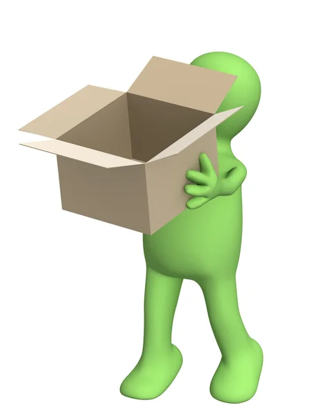 3d puppet with opened box — Stock Photo, Image