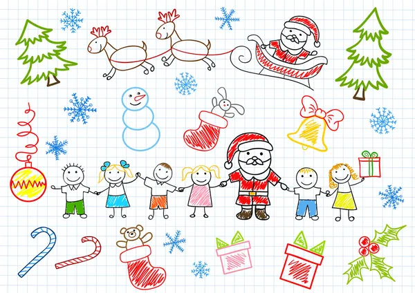 Schizzi vettoriali - Babbo Natale e bambini — Vettoriale Stock