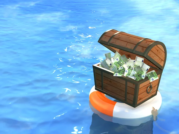 Lifebuoy and wooden box with money — Zdjęcie stockowe
