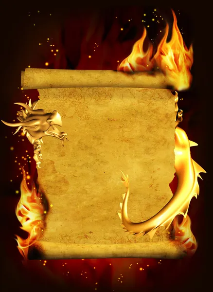 Дракон, огонь и свиток старого пергамента — стоковое фото