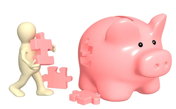Puppet, piggy bank and puzzles — Stock Photo, Image