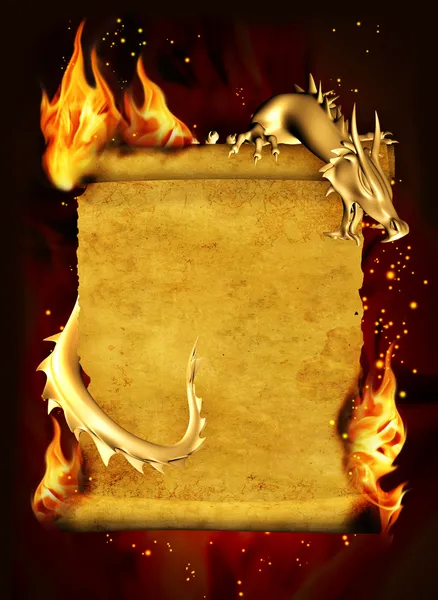 Dragon, fire and scroll of old parchment — Stock Photo, Image
