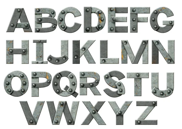 Alfabet - brieven van roestig metaal met klinknagels — Stockfoto